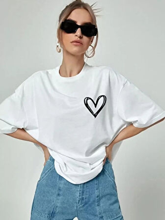 Bisiklet Yaka Baskılı Oversize Thirt  Beyaz