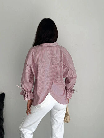 Arkası Asimetrik Yırtmaç Kesim Detaylı Cizgili Bluz Gömlek  Bordo