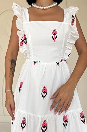 Fuşya ıfır Kol Fırfırlı Elbise