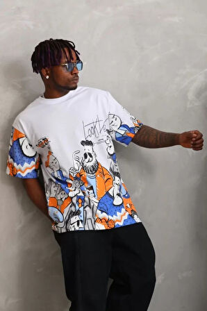 Unisex Oversize Baskılı Bisiklet Yaka Thirt  Beyaz