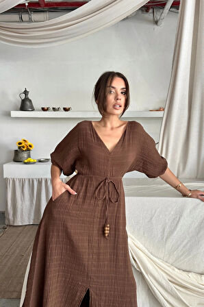 V YAKA BE BONCUK BAĞAMAI MÜSİN EBİSE YIRTMAÇ DETAYI  Kahverengi