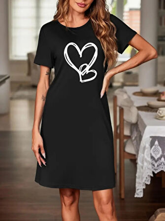 Kadın Kısa Kollu Bisiklet Yaka Kalp Desenli Viskon Elbise