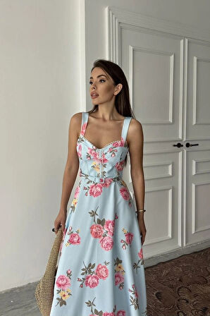 Bebe Mavi İnce Kemer Detaylı Elbise