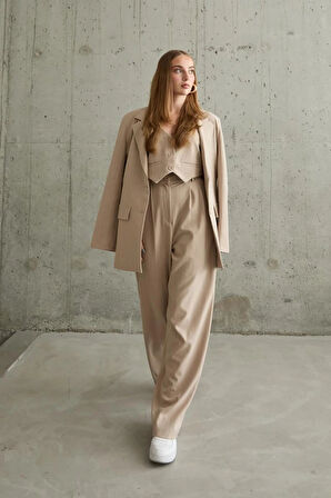 Bej Çizgili Ceket  Yelek Ve Pantolon Takım