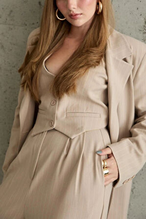 Bej Çizgili Ceket  Yelek Ve Pantolon Takım