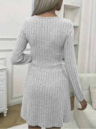 Kadın Uzun Kollu Bisiklet Yaka Beli Lastikli şardonlu Kaşkorse Mini Elbise