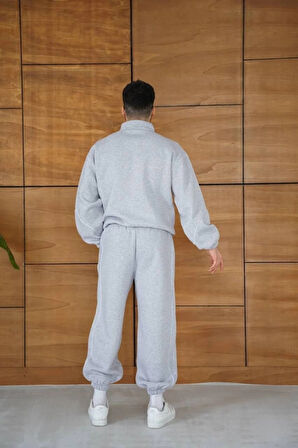 Erkek Premium Parçalı Eşofman Takım  Dik Yaka Fermuarlı Biyeli weatshirt astik Paça Alt, Oversize 3 Iplik Şardonlu  Gri