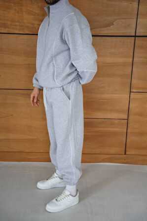 Erkek Premium Parçalı Eşofman Takım  Dik Yaka Fermuarlı Biyeli weatshirt astik Paça Alt, Oversize 3 Iplik Şardonlu  Gri