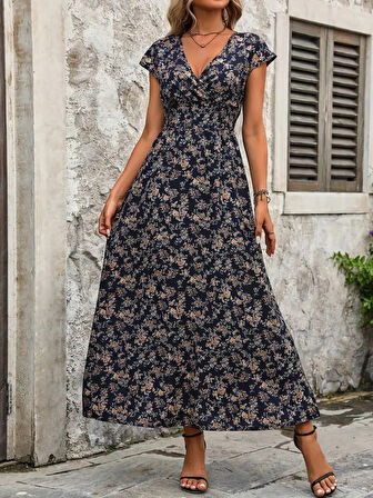 Kadın Kısa Kollu Kruvaze Yakalı çiçek Desenli Belden Lastikli Süprem Uzun Elbise