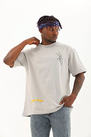 Unisex Oversize Baskılı Bisiklet Yaka Thirt  Gri