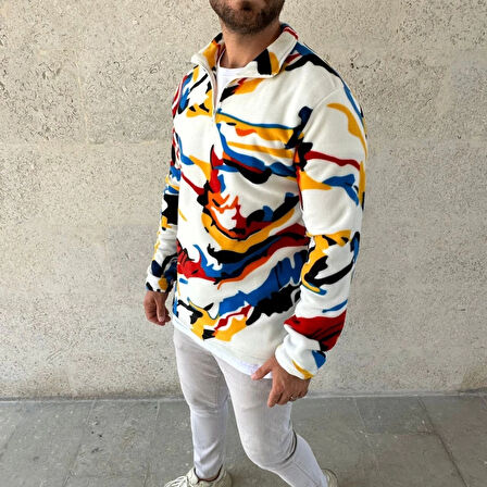 Erkek Yarım Fermuarlı Desenli Polar weat – Renkli Abstract Desen Yakalı, Uzun Kollu, Oversize Rahat Kalıp,   Beyaz