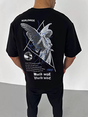 Unisex Bisiklet Yaka Baskılı Oversize Thirt  iyah