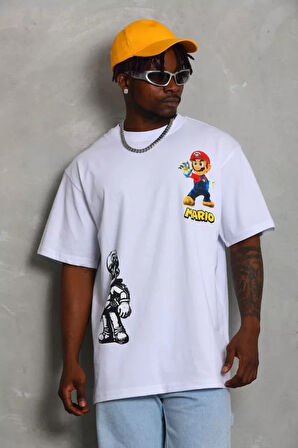 Unisex Oversize Baskılı Bisiklet Yaka Thirt  Beyaz