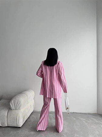 ÇİZGİİ KETEN YEEKPANTOON TAKIM  Pembe