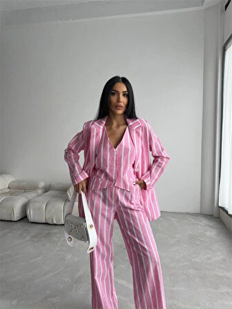 ÇİZGİİ KETEN YEEKPANTOON TAKIM  Pembe