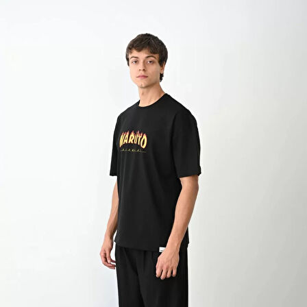 Unisex Bisiklet Yaka Baskılı Oversize Thirt  iyah