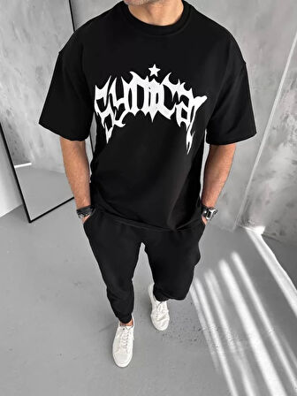 Unisex Bisiklet Yaka Baskılı Oversize Thirt  iyah