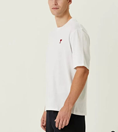 Unisex Bisiklet Yaka Baskılı Oversize Thirt  Beyaz