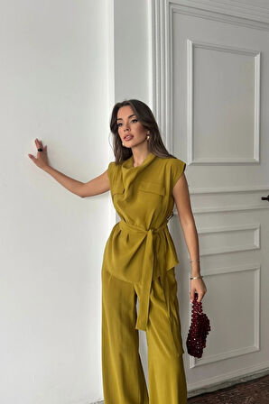 TENCEL ODAL KOLSUZ BLUZ KAPALI CEP DETAYLI DÖKÜLÜ  PANTOLON TAKI  Yağ Yeşili