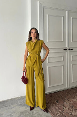 TENCEL ODAL KOLSUZ BLUZ KAPALI CEP DETAYLI DÖKÜLÜ  PANTOLON TAKI  Yağ Yeşili