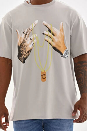 Unisex Baskılı Oversize Thirt  Gri