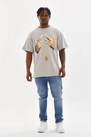 Unisex Baskılı Oversize Thirt  Gri