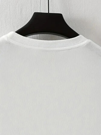 Baskılı Oversize Bisiklet Yaka Tshirt  Beyaz