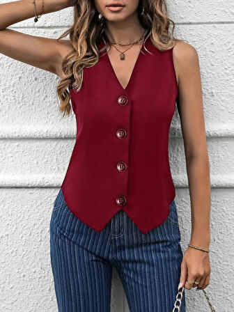 Kadın Sıfır Kollu V Yakalı önden Düğmeli Atlas Yelek
