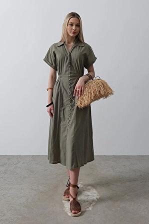 Önü Düğmeli Kısa Kol Elbise  Haki