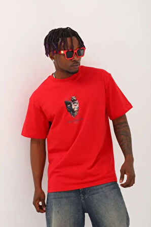 Unisex Oversize Baskılı Bisiklet Yaka Thirt  Kırmızı