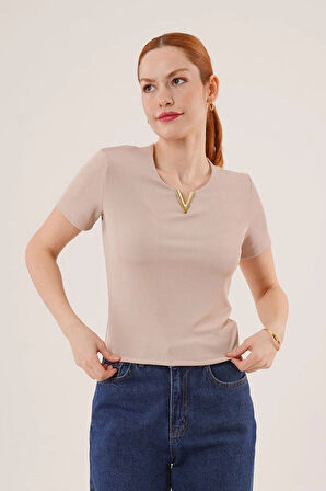 Kısa Kollu Yaka Detaylı Kaşkorse Taş Bluz