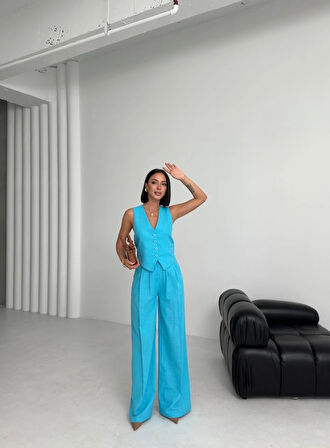 Keten Sirti Çapraz Geçi̇şli̇ Cepken Pantolon Takim