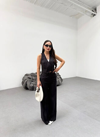 Toskana Keten Kruvaze Yaka Tek Düğmeli̇ Yelek Pantolon Takim