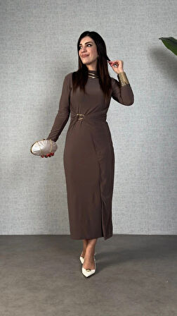 Kadın Balıkçı Yaka Toka Detay andy Kumaş Midi Boy Elbise