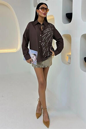 Ay Figürlü Taş İşlemeli Poplin Gömlek 3440