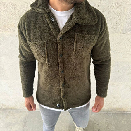 Erkek Pelüş Polar Hırka Gömlek – Yakalı, İlik Düğmeli, Göğüs Cepli, Yumuşak Dokulu Kışlık Regular Fit Rahat Günlük odel  Haki