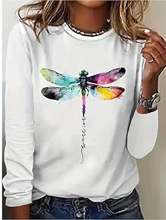 Kadın Uzun Kollu Bisiklet Yaka Baskılı Viskon Bluz