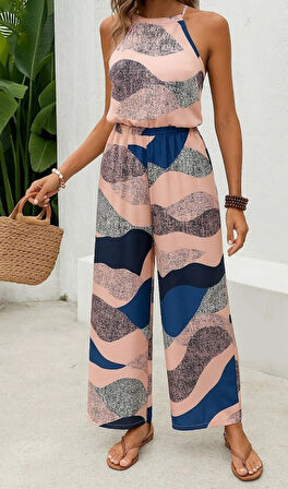 Kadın Omuzlardan Açık Boyundan Geçmeli Beli Lastikli Desenli Dalgıç Tulum