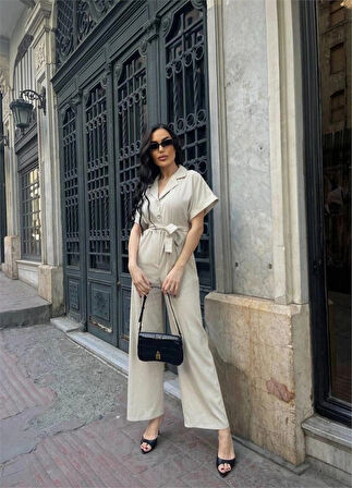 KETEN TULU BEL BAĞLAA DETAYLI  Krem