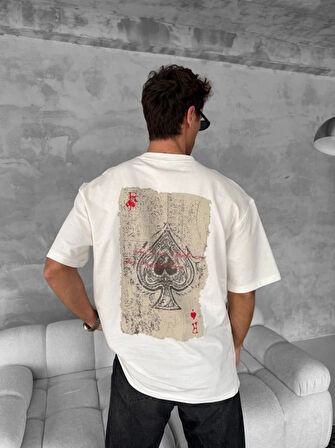 Erkek Ön Ve Arka Baskılı Oversize Bisiklet Yaka Tshirt  Beyaz