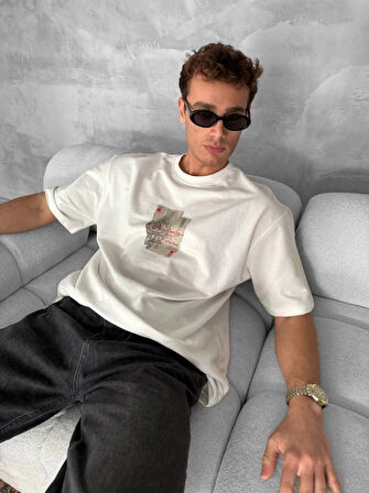 Erkek Ön Ve Arka Baskılı Oversize Bisiklet Yaka Tshirt  Beyaz