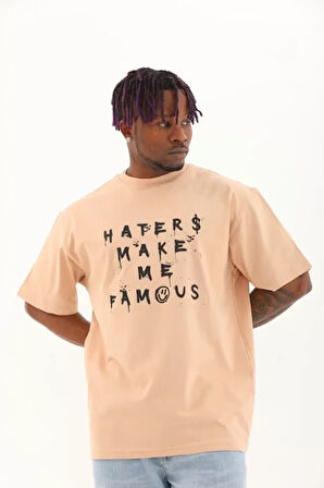 Unisex Oversize Baskılı Bisiklet Yaka Thirt  Bej