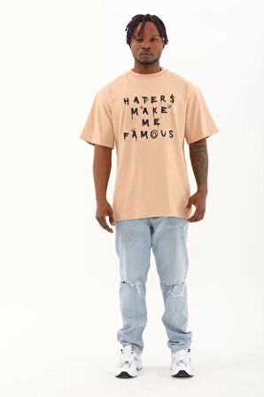 Unisex Oversize Baskılı Bisiklet Yaka Thirt  Bej