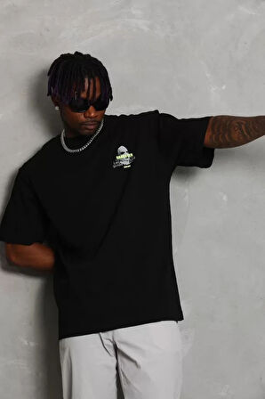 Unisex Oversize Baskılı Bisiklet Yaka Thirt  iyah