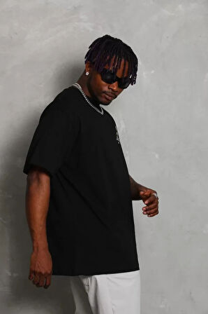 Unisex Oversize Baskılı Bisiklet Yaka Thirt  iyah