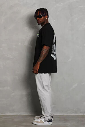 Unisex Oversize Baskılı Bisiklet Yaka Thirt  iyah