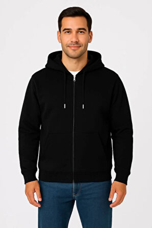 Erkek Üç İplik Kapüşonlu Tam Fermuarlı Kanguru Çepli weathirt Hoodie  iyah