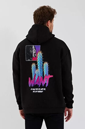 Erkek Baskılı Üç İplik Kapüşonlu Oversize weatshirt  iyah