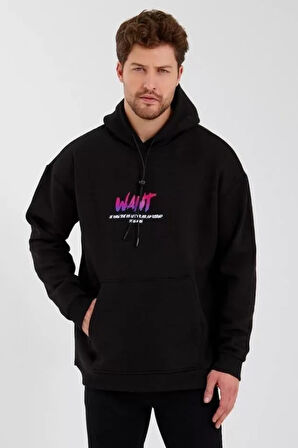 Erkek Baskılı Üç İplik Kapüşonlu Oversize weatshirt  iyah