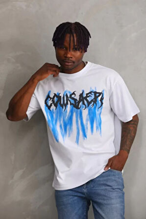 Unisex Baskılı Oversize Thirt  Beyaz